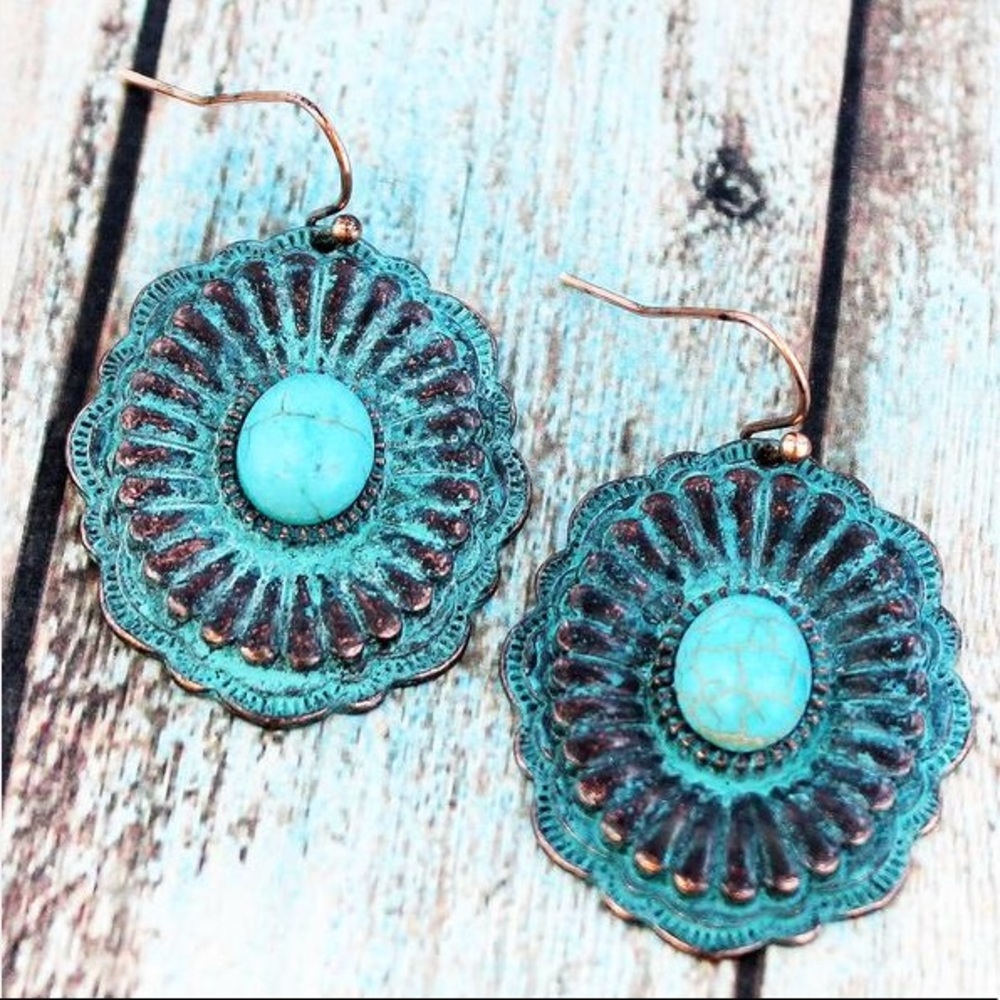 Patina and Turquoise Stone Concho Earrings